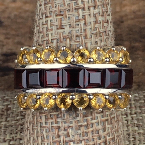 Vintage Garnet & Citrine Gemstone Silver Ring 9 - Picture 5 of 14